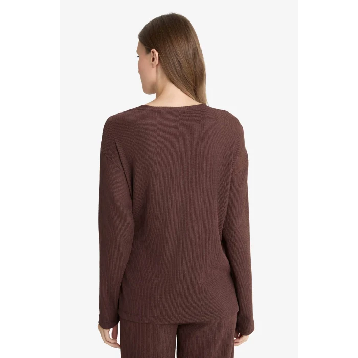 Defacto G1800AXBN539 Kahve Regular Fit Bisiklet Yaka Bürümcük Uzun Kollu Tişört