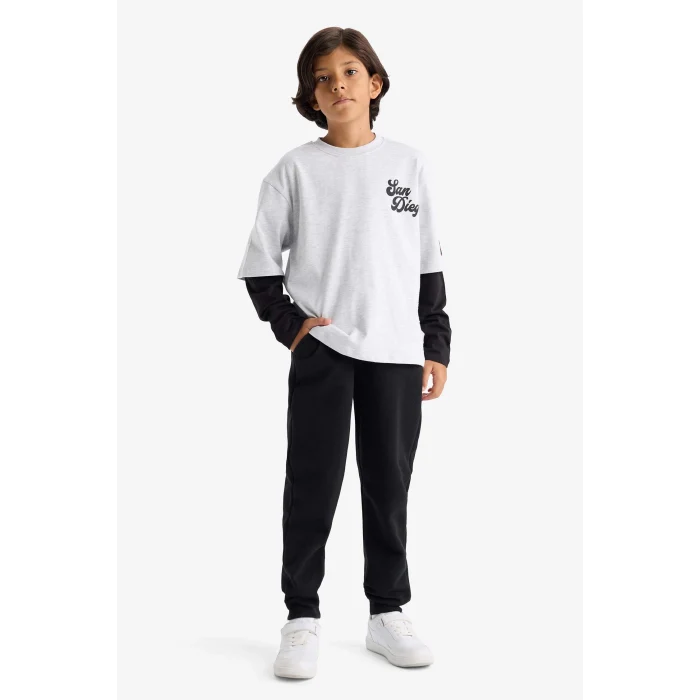 Defacto F2494A8GR400 Gri Erkek Çocuk 2li Takım Baskılı Sweatshirt Eşofman Altı