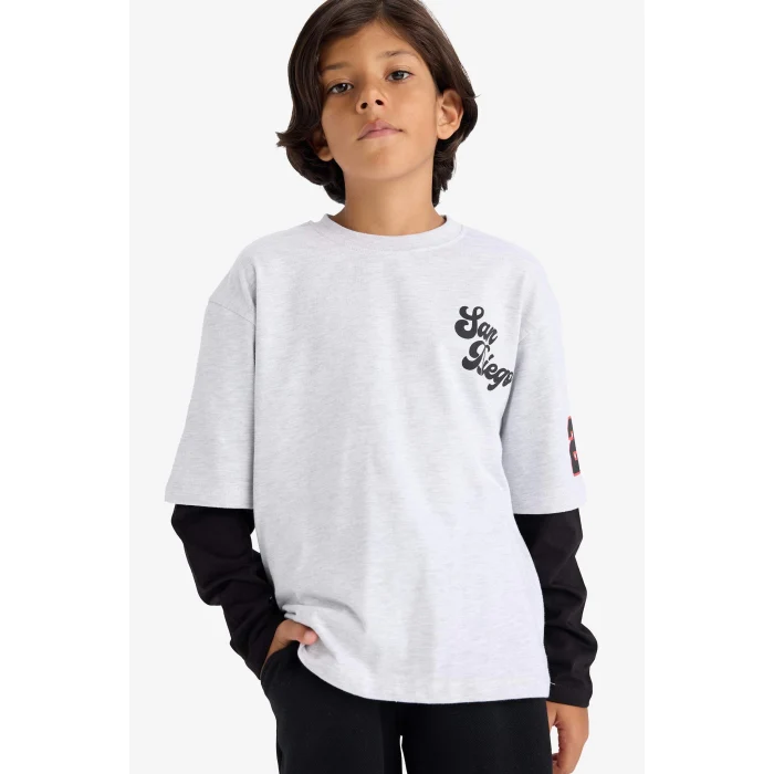 Defacto F2494A8GR400 Gri Erkek Çocuk 2li Takım Baskılı Sweatshirt Eşofman Altı