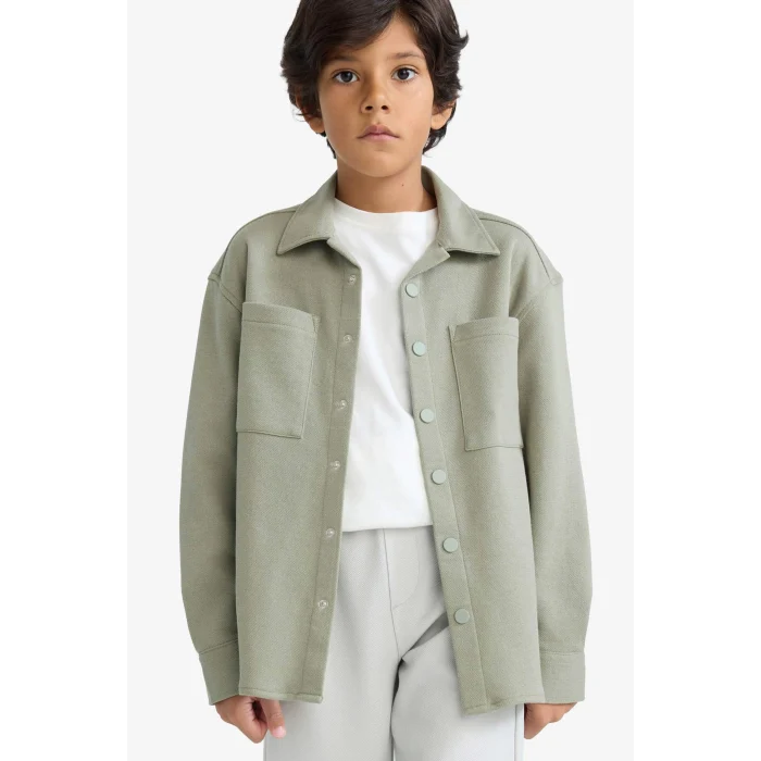 Defacto F3799A8KH465 Haki Erkek Çocuk Oversize Geniş Kalıp Polo Yaka Uzun Kollu Gömlek
