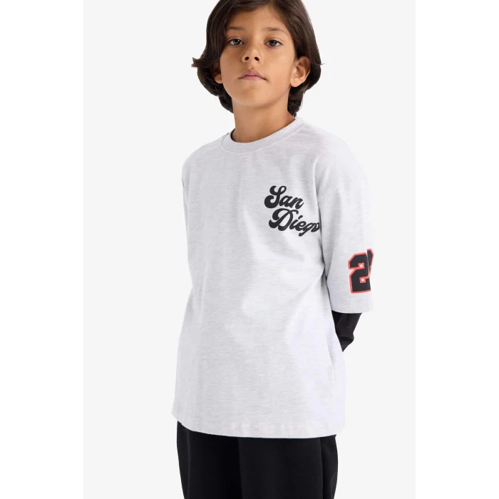 Defacto F2494A8GR400 Gri Erkek Çocuk 2li Takım Baskılı Sweatshirt Eşofman Altı
