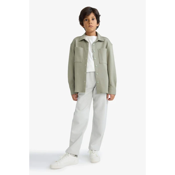 Defacto F3799A8KH465 Haki Erkek Çocuk Oversize Geniş Kalıp Polo Yaka Uzun Kollu Gömlek
