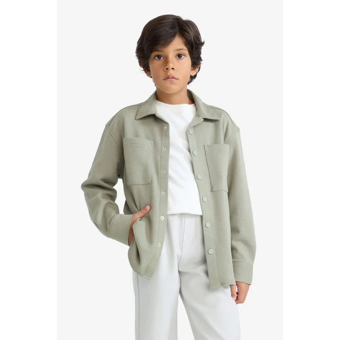 Defacto F3799A8KH465 Haki Erkek Çocuk Oversize Geniş Kalıp Polo Yaka Uzun Kollu Gömlek