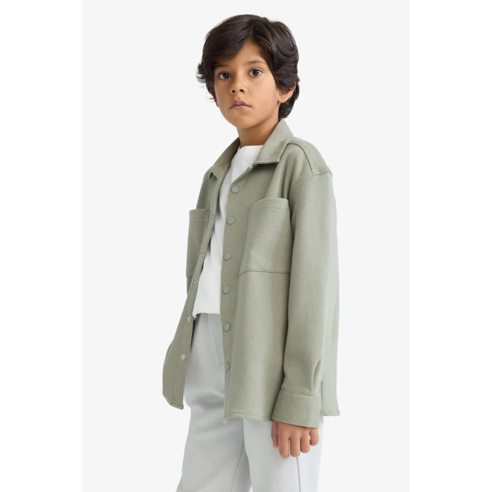 Defacto F3799A8KH465 Haki Erkek Çocuk Oversize Geniş Kalıp Polo Yaka Uzun Kollu Gömlek