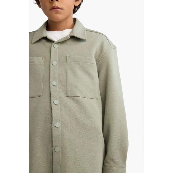 Defacto F3799A8KH465 Haki Erkek Çocuk Oversize Geniş Kalıp Polo Yaka Uzun Kollu Gömlek