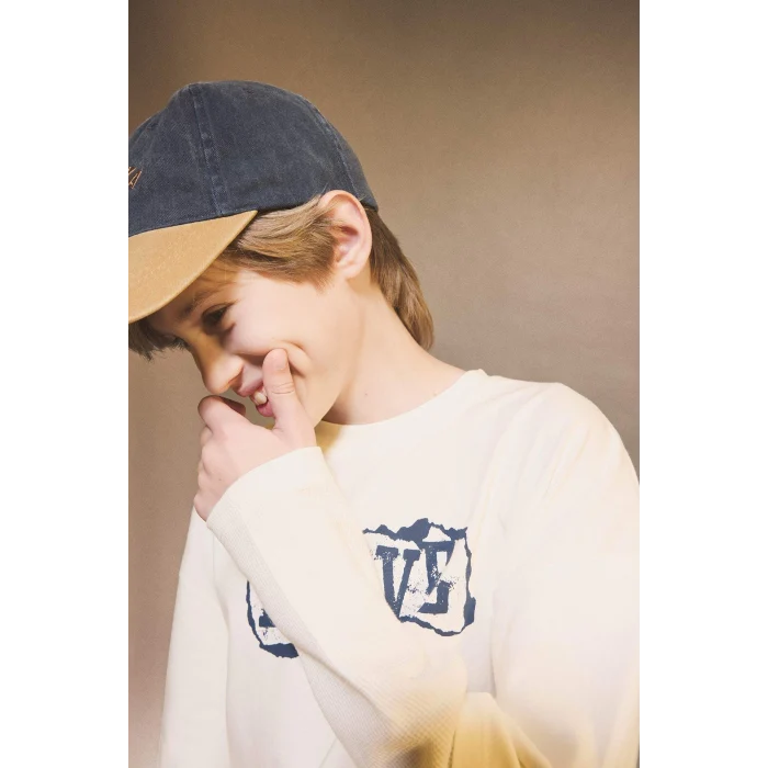 Defacto G1814A8WT32 Beyaz Erkek Çocuk Oversize Geniş Kalıp Bisiklet Yaka Baskılı Uzun Kollu Tişört