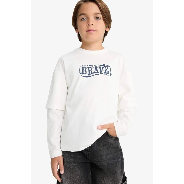 Defacto G1814A8WT32 Beyaz Erkek Çocuk Oversize Geniş Kalıp Bisiklet Yaka Baskılı Uzun Kollu Tişört