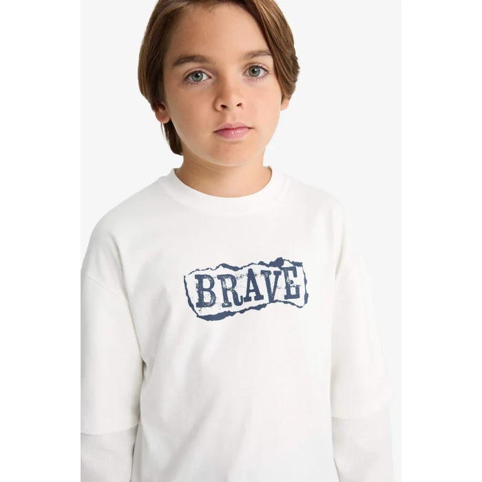 Defacto G1814A8WT32 Beyaz Erkek Çocuk Oversize Geniş Kalıp Bisiklet Yaka Baskılı Uzun Kollu Tişört