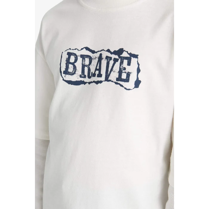 Defacto G1814A8WT32 Beyaz Erkek Çocuk Oversize Geniş Kalıp Bisiklet Yaka Baskılı Uzun Kollu Tişört