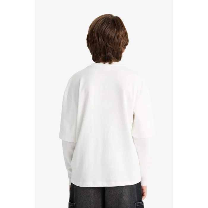 Defacto G1814A8WT32 Beyaz Erkek Çocuk Oversize Geniş Kalıp Bisiklet Yaka Baskılı Uzun Kollu Tişört