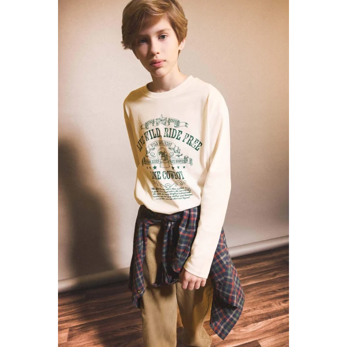 Defacto G1817 Beyaz Erkek Çocuk Bisiklet Yaka Baskılı Uzun Kollu Tişört