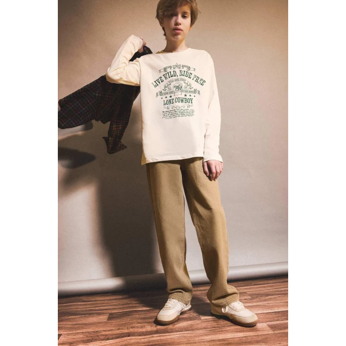 Defacto G1817 Beyaz Erkek Çocuk Bisiklet Yaka Baskılı Uzun Kollu Tişört