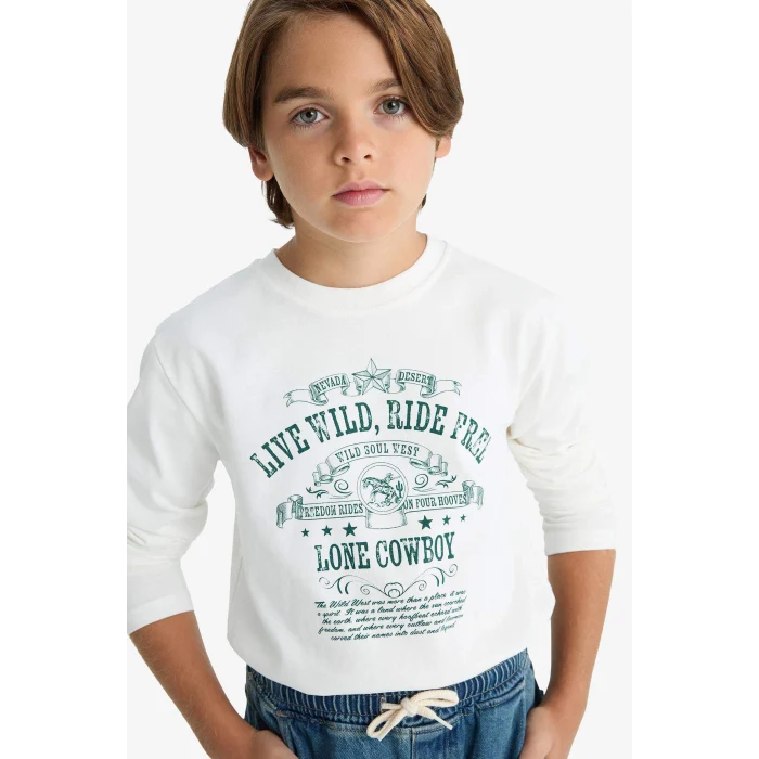 Defacto G1817 Beyaz Erkek Çocuk Bisiklet Yaka Baskılı Uzun Kollu Tişört