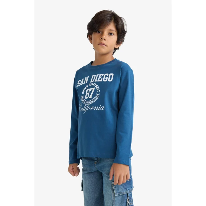 Defacto E9519A8IN255 İndigo Erkek Çocuk Bisiklet Yaka Baskılı Uzun Kollu Tişört