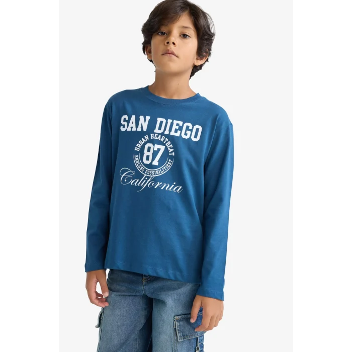 Defacto E9519A8IN255 İndigo Erkek Çocuk Bisiklet Yaka Baskılı Uzun Kollu Tişört