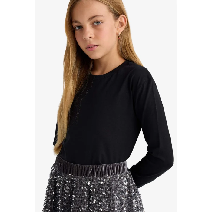 Defacto U6810A6BK81 Siyah 	Kız Çocuk Bisiklet Yaka Basic Düz Uzun Kollu Okul Tişörtü