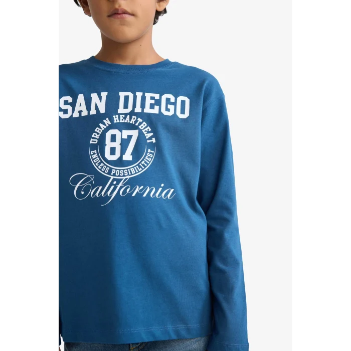 Defacto E9519A8IN255 İndigo Erkek Çocuk Bisiklet Yaka Baskılı Uzun Kollu Tişört