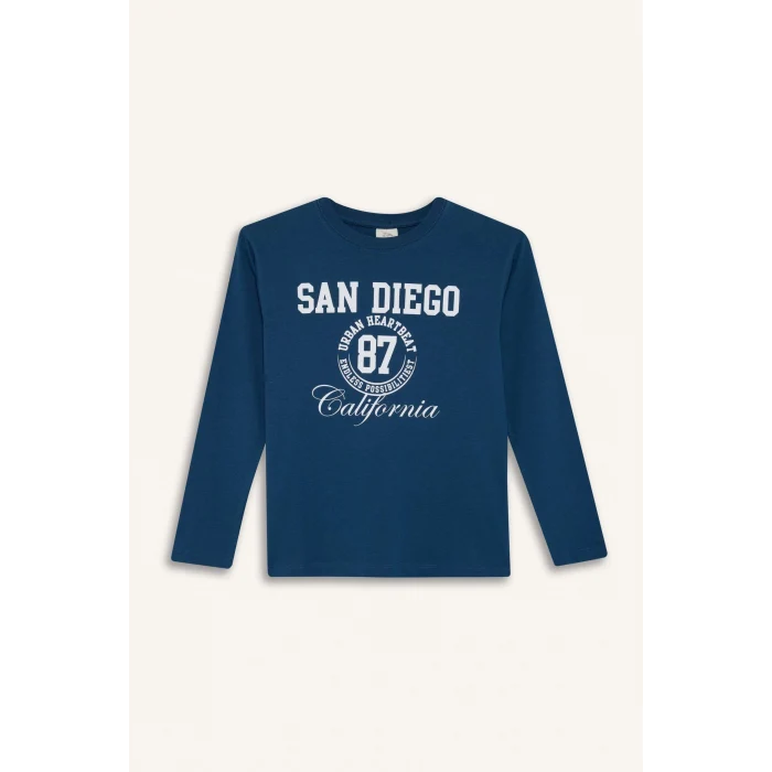 Defacto E9519A8IN255 İndigo Erkek Çocuk Bisiklet Yaka Baskılı Uzun Kollu Tişört