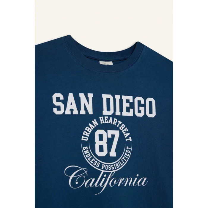 Defacto E9519A8IN255 İndigo Erkek Çocuk Bisiklet Yaka Baskılı Uzun Kollu Tişört