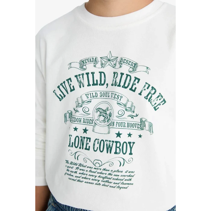 Defacto G1817 Beyaz Erkek Çocuk Bisiklet Yaka Baskılı Uzun Kollu Tişört