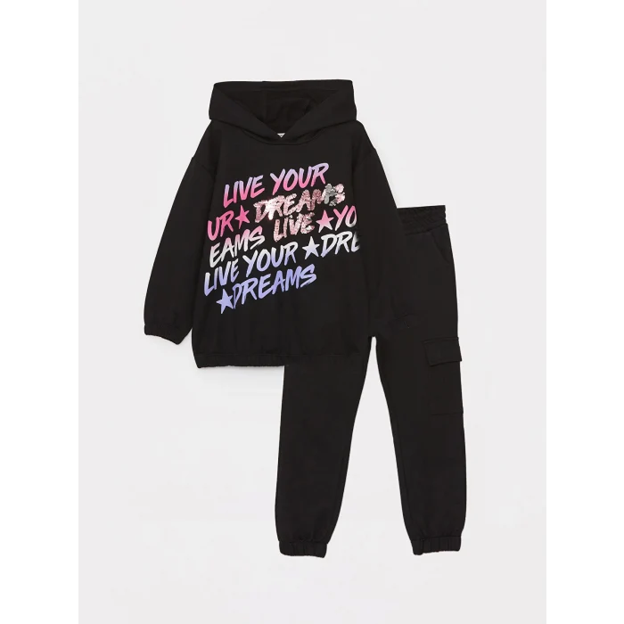 LCW Kids Siyah Baskılı Uzun Kollu Kız Çocuk Hoodie ve Eşofman Altı