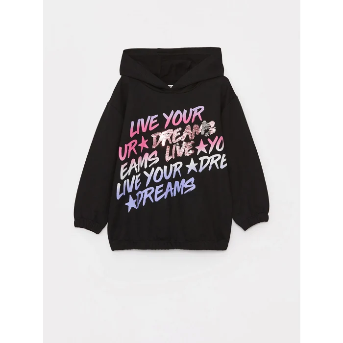 LCW Kids Siyah Baskılı Uzun Kollu Kız Çocuk Hoodie ve Eşofman Altı