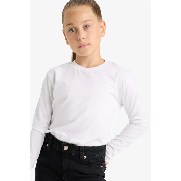 Defacto U6810 Beyaz Kız Çocuk Bisiklet Yaka Uzun Kollu Okul Tişörtü