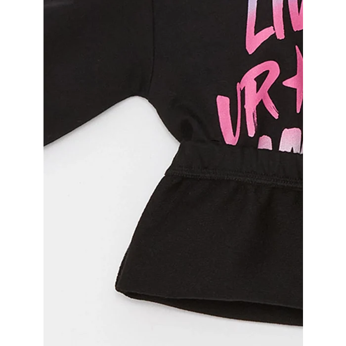 LCW Kids Siyah Baskılı Uzun Kollu Kız Çocuk Hoodie ve Eşofman Altı
