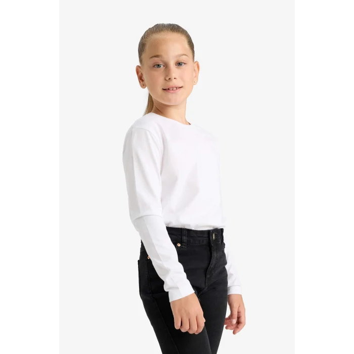 Defacto U6810 Beyaz Kız Çocuk Bisiklet Yaka Uzun Kollu Okul Tişörtü