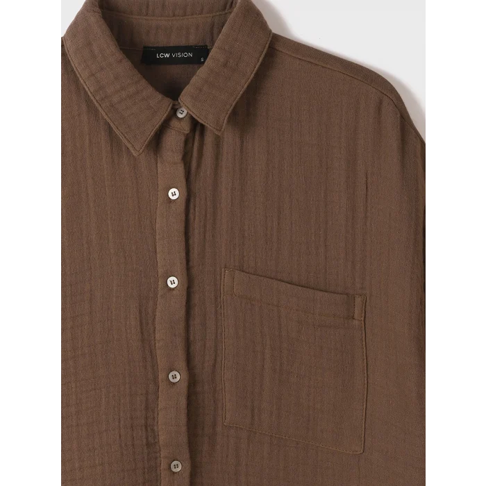 LCW Vision Kahverengi Önden Düğme Kapamalı Düz Cep Detaylı Kısa Kollu Kadın Gömlek