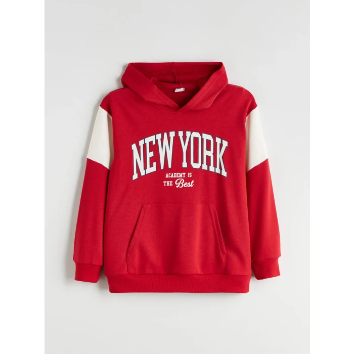 LCW Kids Kirmizi Kapüşonlu New York Baskılı Erkek Çocuk Sweatshirt