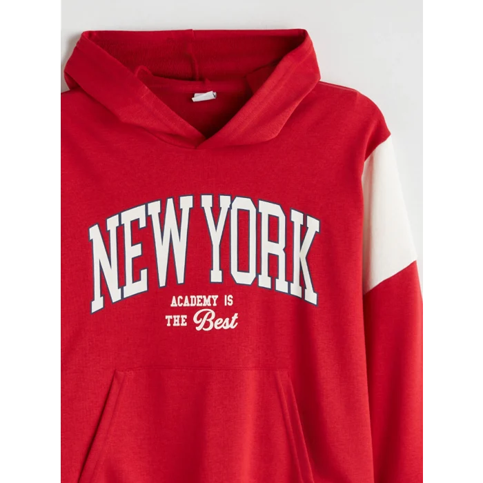 LCW Kids Kirmizi Kapüşonlu New York Baskılı Erkek Çocuk Sweatshirt