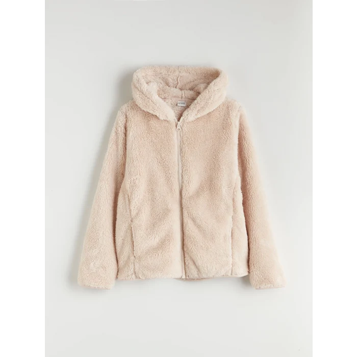LCW Kids Bej Kapüşonlu Pelüş Kız Çocuk Fermuarlı Sweatshirt