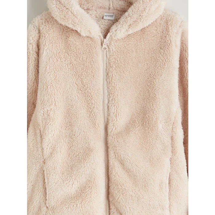 LCW Kids Bej Kapüşonlu Pelüş Kız Çocuk Fermuarlı Sweatshirt