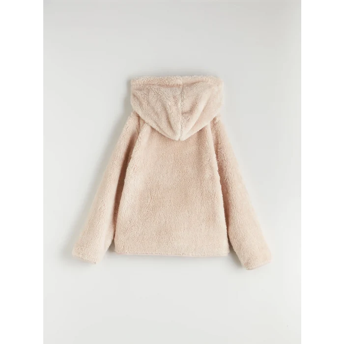 LCW Kids Bej Kapüşonlu Pelüş Kız Çocuk Fermuarlı Sweatshirt