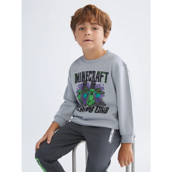 LCW Kids Gri Bisiklet Yaka Minecraft Baskılı Erkek Çocuk Sweatshirt