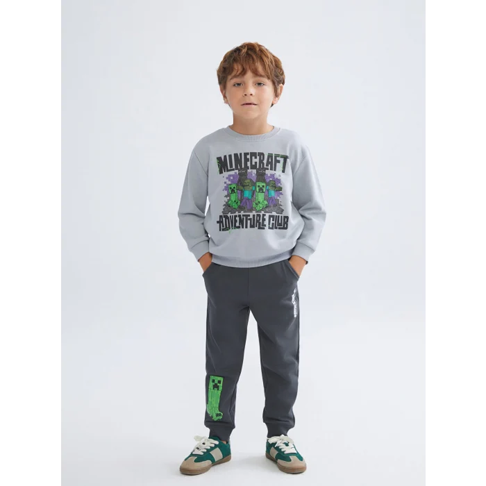 LCW Kids Gri Bisiklet Yaka Minecraft Baskılı Erkek Çocuk Sweatshirt
