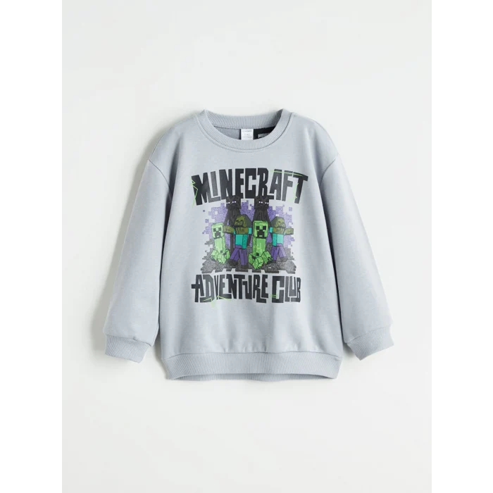 LCW Kids Gri Bisiklet Yaka Minecraft Baskılı Erkek Çocuk Sweatshirt