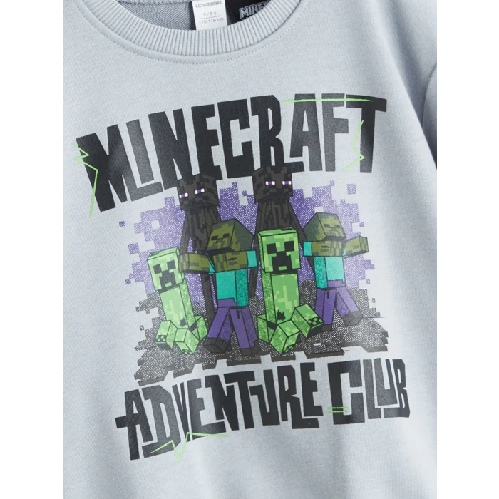 LCW Kids Gri Bisiklet Yaka Minecraft Baskılı Erkek Çocuk Sweatshirt