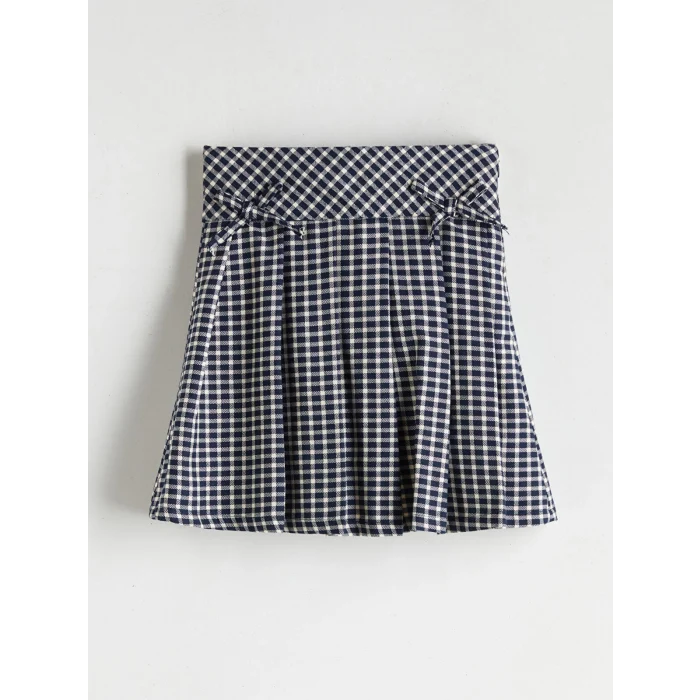 LCW Kids Lacivert Beli Lastikli Ekose Kız Çocuk Etek