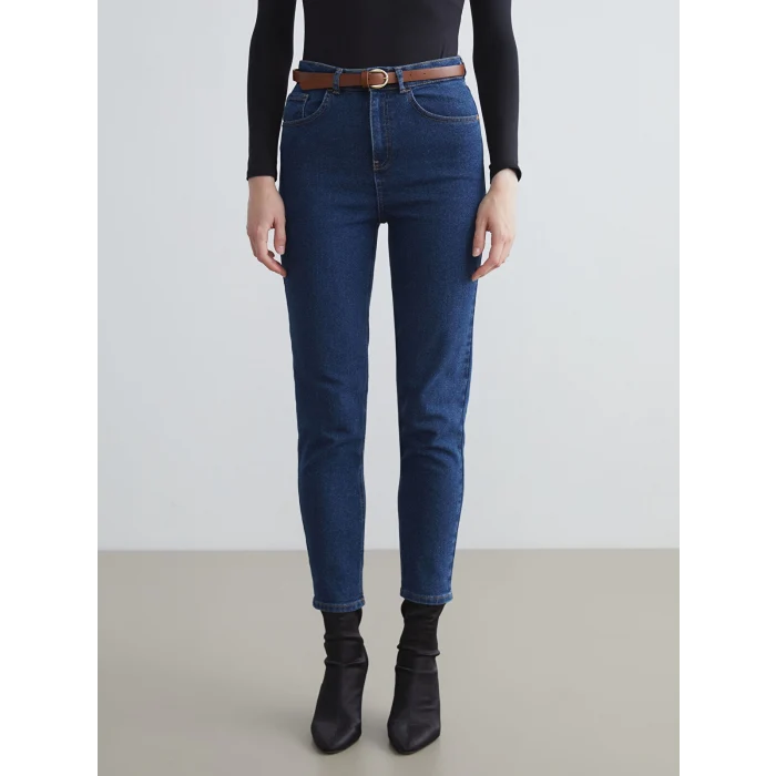 LCW Jeans Indigo Beli Kemerli Mom Fit Kadın Jean Pantolon
