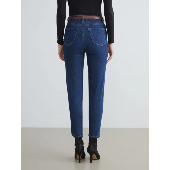 LCW Jeans Indigo Beli Kemerli Mom Fit Kadın Jean Pantolon