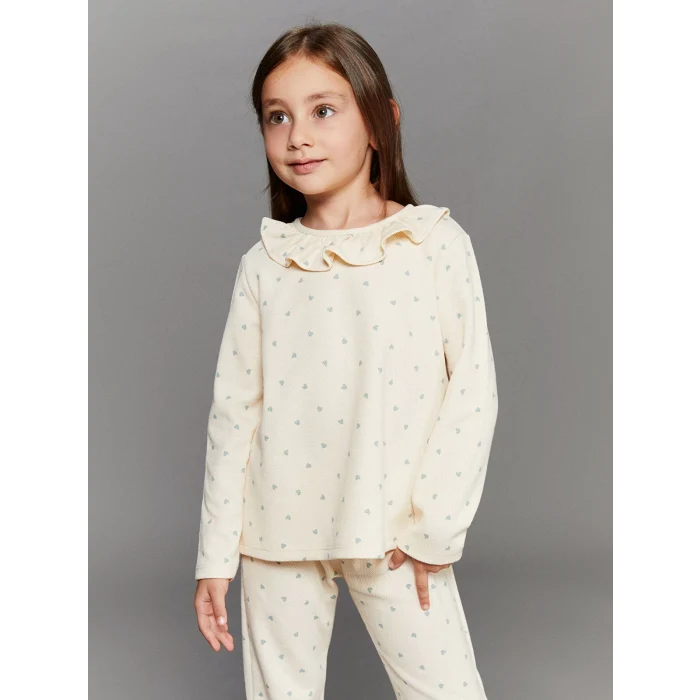 LCW Kids Mavi Bisiklet Yaka Nakışlı Kız Çocuk Tişört 2li