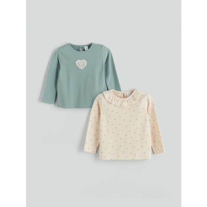 LCW Kids Mavi Bisiklet Yaka Nakışlı Kız Çocuk Tişört 2li