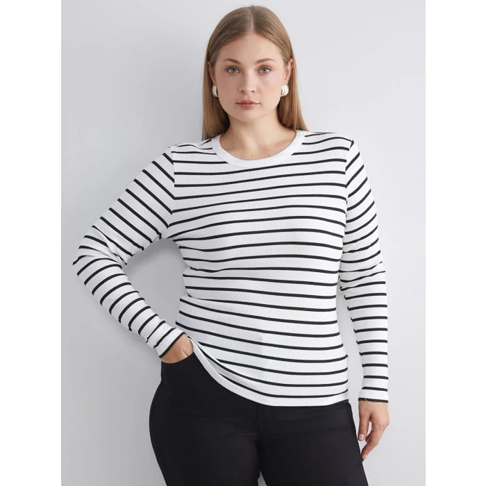 LCWAIKIKI Classic Ekru Bisiklet Yaka Çizgili Kadın Body