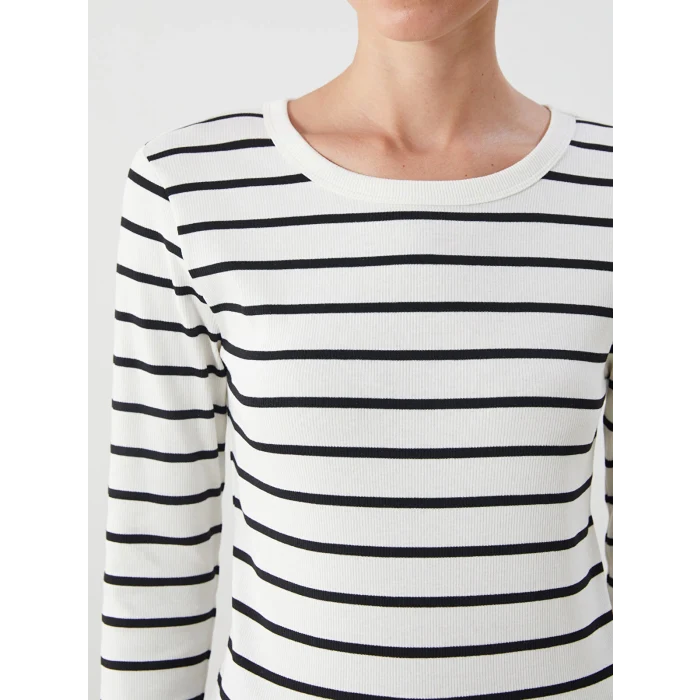 LCWAIKIKI Classic Ekru Bisiklet Yaka Çizgili Kadın Body