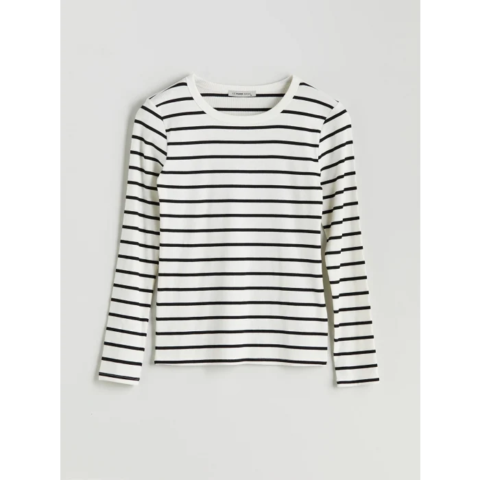 LCWAIKIKI Classic Ekru Bisiklet Yaka Çizgili Kadın Body