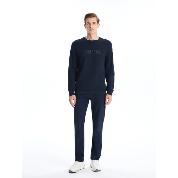 LCWAIKIKI Classic Lacivert Bisiklet Yaka Uzun Kollu Baskılı Erkek Sweatshirt