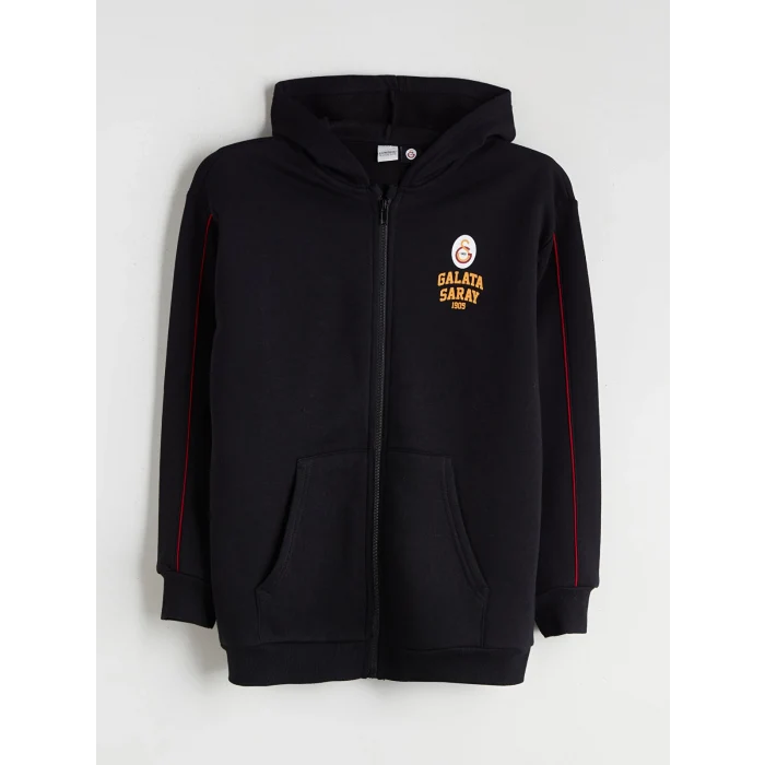 LC WAIKIKI Siyah Kapüşonlu Galatasaray Baskılı Erkek Çocuk Fermuarlı Sweatshirt