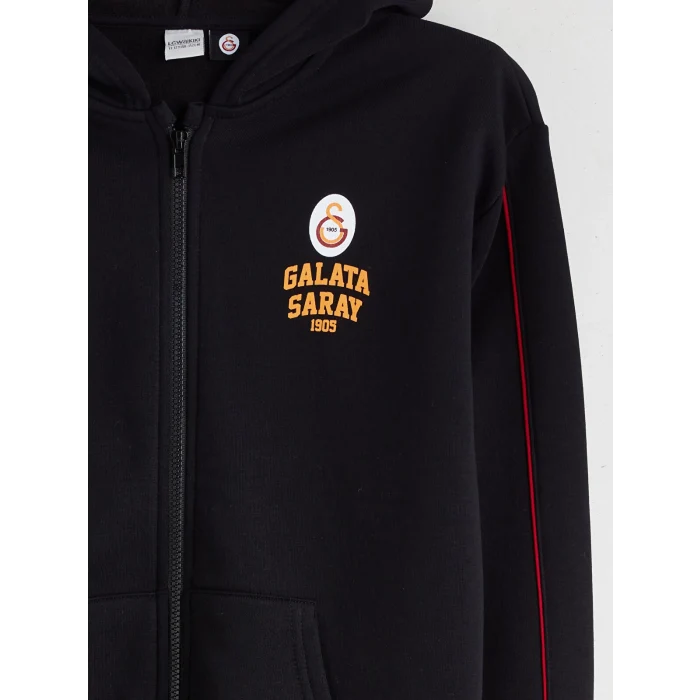 LC WAIKIKI Siyah Kapüşonlu Galatasaray Baskılı Erkek Çocuk Fermuarlı Sweatshirt